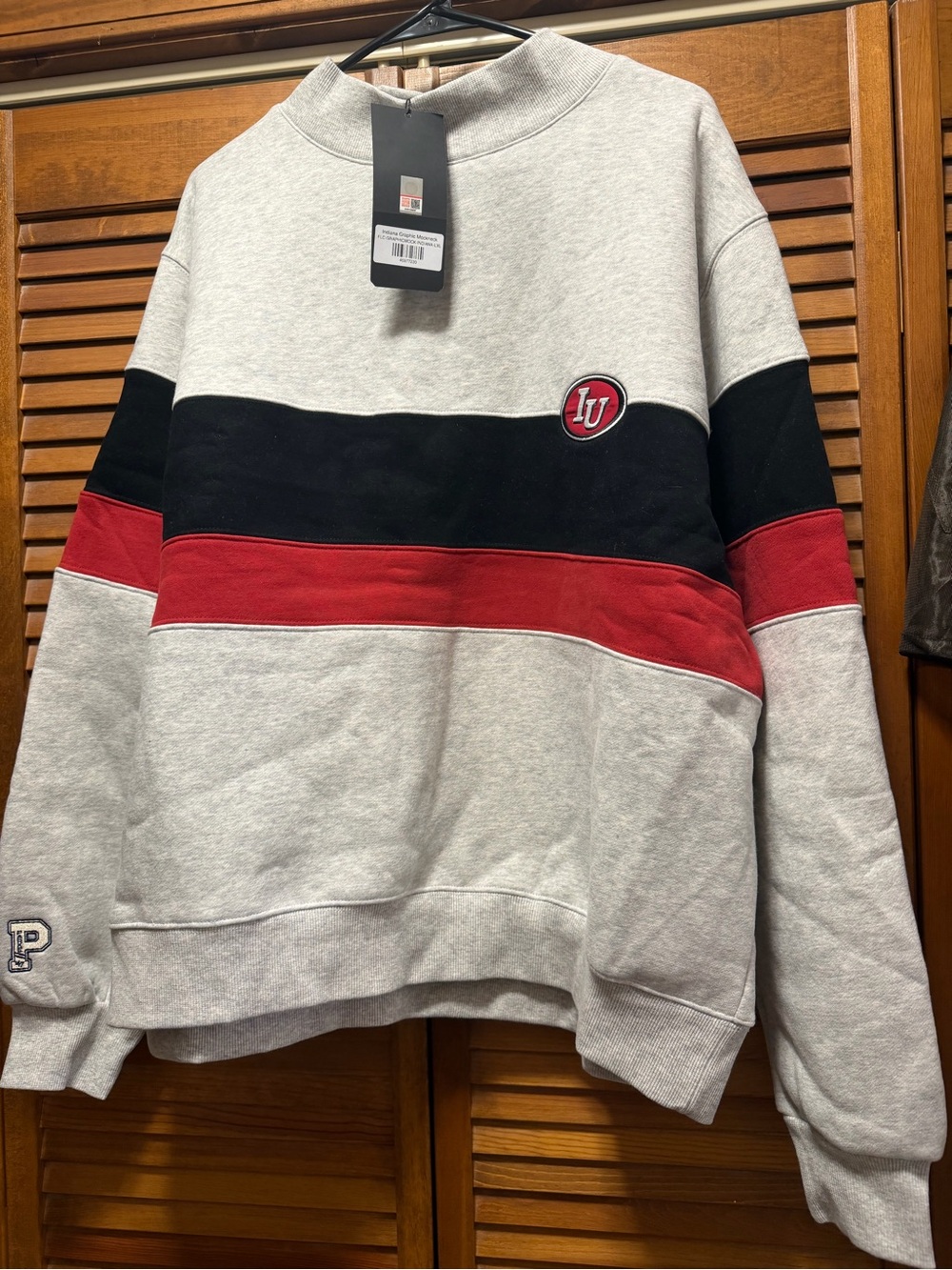 Light Gray Crewneck Sweater with Black & Red Stripes